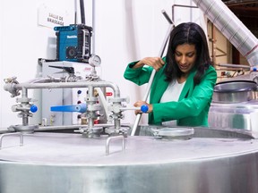 Quebec Liberal leader Dominique Anglade stirs the contents in a beer fermentation tank while touring a microbrewery during a campaign stop in Drummondville, Que., on Tuesday, September 6, 2022.