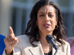 Liberal Leader Dominique Anglade addresses reporters during a campaign stop in Laval, where the party currently holds five of six ridings.