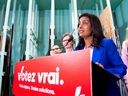 Liberal Leader Dominique Anglade responds to a question during a news conference at a window manufacturer  in Boucherville, Que., on Tuesday, September 13, 2022.