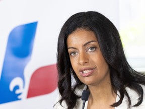Quebec Liberal Leader Dominique Anglade responds to questions during a campaign stop in St-Lambert on Wednesday, Sept. 21, 2022.