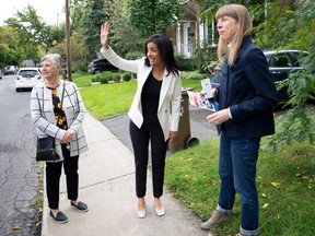 Quebec Liberal Leader Dominique Anglade greets supporters during a campaign stop in St-Lambert, on Wednesday. "We want to give people who don’t have a voice a seat at the table," she says.