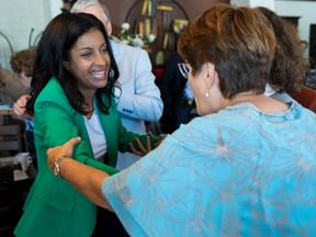 Quebec Liberal Leader Dominique Anglade greets supporters during a luncheon in Brossard on Thursday, Sept. 29, 2022.