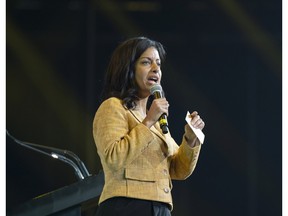 Quebec Liberal Leader Dominique Anglade speaks to the Congress of the Quebec Federation of Municipalities on Friday in Montreal.