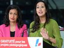 Quebec Liberal candidate in St-Laurent Marwah Rizqy speaks at a news conference while Leader Dominique Anglade, left, looks on, Wednesday, August 31, 2022 in St-Agapit, Que.
