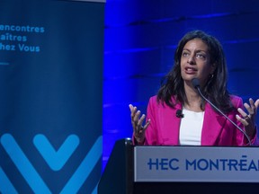 Quebec Liberal Party Leader Dominique Anglade speaks at a youth conference during a campaign stop in Montreal on Saturday, Sept. 17, 2022. Quebecers go to the polls on Oct. 3.