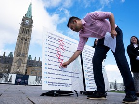 Parti Québécois Leader Paul St-Pierre Plamondon crosses off a list of demands by Quebec Premier François Legault as he holds a news conference on Parliament Hill, Thursday, September 1, 2022 in Ottawa.