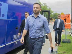 Parti Quebecois leader Paul St-Pierre Plamondon arrives for a news conference while on an election campaign stop in Montreal, Sunday, September 4, 2022. Quebecers will go to the polls on October 3rd.