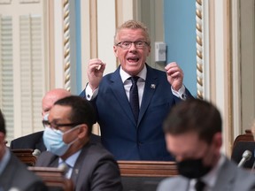 Coalition Avenir Québec minister Jean Boulet responds to the opposition during question period at the legislature in Quebec City, Thursday, May 12, 2022.