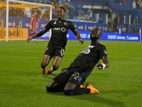 CF Montreal forward Kei Kamara (23) celebrates with teammate 
forward Mason Toye (13) after scoring a goal against Chicago Fire FC goalkeeper Gaga Slolina (1) during the first half at Stade Saputo on Sept. 13, 2022