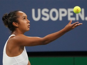 Leylah Fernandez of Canada serves against Liudmila Samsonova on day three of the 2022 U.S. Open tennis tournament at USTA Billie Jean King Tennis Center in New York on Aug. 31, 2022.