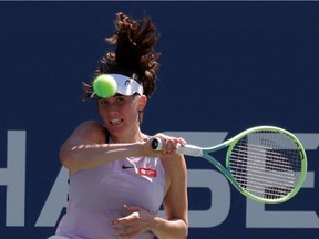 Rebecca Marino hits a forehand against Shuai Zhang on Day 5 of the 2022 U.S. Open tennis tournament at USTA Billie Jean King Tennis Center in New York on Sept. 2.