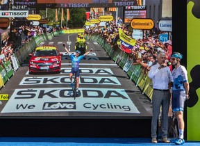 Quebecer Hugo Houle, who became the second Canadian to win a Tour de France stage this summer, is interviewed prior to the start of the Grand Prix Cyclistes in Montreal on Sept. 11, 2022.