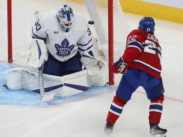Canadiens' Cole Caufield (22) scores his first of two goals on Toronto Maple Leafs goaltender Matt Murray during second period NHL action in Montreal on Wednesday October 12, 2022.