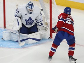 Montreal Canadiens' Cole Caufield scores his first of two goals on Toronto Maple Leafs' Matt Murray during second period at the Bell Centre in Montreal on Oct. 12, 2022.