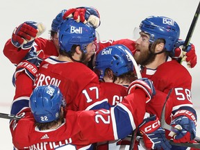Canadiens' Josh Anderson (17) celebrates his game winning goal during third period NHL action against the Toronto Maple Leafs in Montreal on Wednesday Oct. 12, 2022.