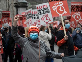 Public sector workers held a day of protest outside Premier François Legault's office March 31, 2021.