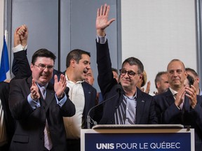 Conservative Party Leader Éric Duhaime and party candidates at a rally in Pointe-Claire Oct. 1, 2022.