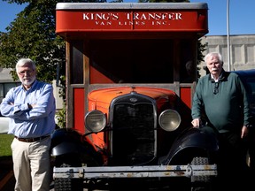 Bill O’Donnell, left, and his brother Charlie of King’s Transfer Van Lines, are the 4th generation to run the company. They are seen with a 1929 Ford moving van purchased by their grandfather.