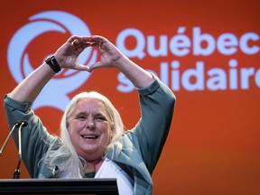 Québec solidaire co-spokesperson Manon Masse addresses crowd at an election night rally on Oct. 3, 2022.