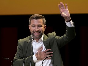 Québec solidaire co-spokesperson Gabriel Nadeau-Dubois addresses crowd at the party’s election night rally on Monday, October 3, 2022.