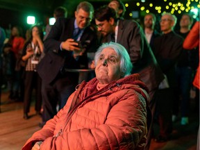 Collette Chartrand watches the election results at the headquarters of the Quebec Liberal Party at the Corona Theater in Montreal, Monday, Oct. 3, 2022.