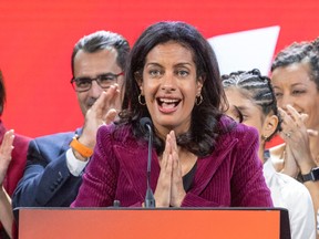 Quebec Liberal Party Leader Dominique Anglade addresses supporters at the Corona Theatre in Montreal after her party became the official opposition in the National Assembly following elections in Quebec Monday October 3, 2022.