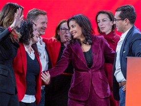 Quebec Liberal Party Leader Dominique Anglade was joined on stage by successful candidates after addressing supporters at the Corona Theatre in Montreal after her party became the Official Opposition in the National Assembly following elections in Quebec Monday Oct. 3, 2022.