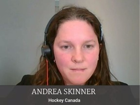 Andrea Skinner, the interim chair of the board of Hockey Canada at the Standing Committee on Canadian Heritage on Oct. 4, 2022.