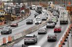 Traffic is tied up in the approach to La Fontaine Tunnel in Montreal on Thursday, Oct. 13, 2022.