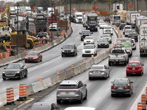 Traffic is tied up in the approach to La Fontaine Tunnel in Montreal on Thursday, Oct. 13, 2022.