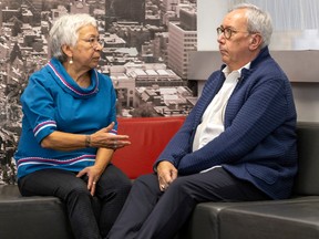 Minnie Grey, left, a retired executive director of the Nunavik Regional Board of Health and Social Services, and Richard Budgell, an associate professor at McGill's department of family medicine, before an event at McGill University in Montreal Monday Oct. 17, 2022.