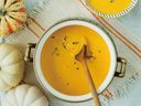 The authors of More Mandy's: More Recipes We Love recommend serving whipped cream and toasted pecans at the end of pumpkin spice soup.