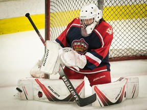 Hockey West Island's bantam AA goaltender Alex Vallée during a recent practice. HWI is coping with a netminder shortage this season.
