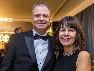 Board member and event organizer Nathalie Bédard with her husband, Pierre Simoneau, at a fundraiser cocktail for La Fondation immobilière de Montréal pour les jeunes at the Queen Elizabeth Hotel in Montreal on Friday, Oct. 21, 2022.