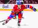 Montreal Canadiens rookie Juraj Slafkovsky forechecks during first period against the Arizona Coyotes in Montreal on Oct. 20, 2022.