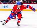 Montreal Canadiens rookie Juraj Slafkovsky  forechecks during first period against the Arizona Coyotes in Montreal on Oct. 20, 2022. 