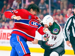 The Canadiens’ Arber Xhekaj put a beating on Arizona’s Zack Kassian during second period of 6-2 win over the Coyotes Thursday night at the Bell Centre.