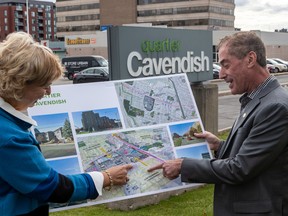 The city of Côte-St-Luc has launched a two-year consultation process to come up with a new master plan for development. One of the top priorities is what to do with the three major shopping centres in the municipality: Quartier Cavendish, Côte St-Luc shopping centre and Décarie Square. Mayor Mitchell Brownstein and deputy mayor and councillor Dida Berku look at maps of the shopping centres in front of Quartier Cavendish.