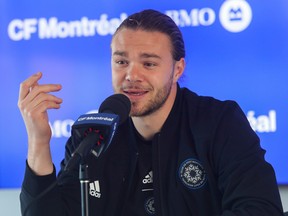 Samuel Piette of CF Montréal speaks to the press at the club's training facility, Centre Nutrilait, in Montreal, Tuesday, Oct. 25, 2022. CF Montréal held a media availability to talk about the 2022 season.