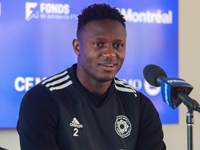 Victor Wanyama of CF Montréal speaks to the press at the club's training facility, Centre Nutrilait, in Montreal Tuesday, October 25, 2022. CF Montréal held a media availability to talk about the 2022 season.