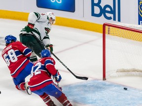 Minnesota Wild centre Joel Eriksson Ek scores an empty-net goal during third period at the Bell Centre in Montreal on Oct. 25, 2022.