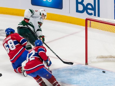 Minnesota Wild center Joel Eriksson Ek (14) scores an empty-net goal during 3rd period NHL action at the Bell Centre in Montreal on Tuesday Oct. 25, 2022 in a 3-1 win over the Montreal Canadiens.