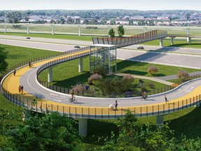 Montreal announced a plan for a new foot and cycle bridge, pictured is a preliminary sketch, over Highway 40 linking the Kirkland REM station and the future Grand Parc de l'Ouest. Montreal awarded a $4.4 million contract to the firm GHD Consultants Ltée to realize the project.