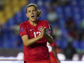 Canada's Christine Sinclair reacts during a CONCACAF Women's Championship soccer semifinal match against Jamaica in Monterrey, Mexico, Thursday, July 14, 2022.
