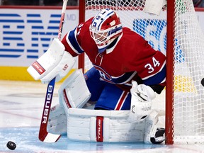 Montreal Canadiens' Jake Allen gets ready to make a save against the Los Angeles Kings in Montreal on Nov. 9, 2021.
