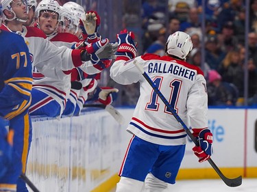 Brendan Gallagher #11 of the Montreal Canadiens celebrates his goal against the Buffalo Sabres during the first period at KeyBank Center on Oct. 27, 2022 in Buffalo, N.Y.