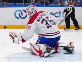 Sam Montembeault #35 of the Montreal Canadiens makes the save against the Buffalo Sabres during the second period at KeyBank Center on Oct. 27, 2022 in Buffalo, N.Y.