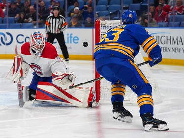 Jeff Skinner #53 of the Buffalo Sabres scores a goal against Sam Montembeault #35 of the Montreal Canadiens during the second period at KeyBank Center on Oct. 27, 2022 in Buffalo, N.Y.