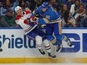 St. Louis Blues' Vladimir Tarasenko (91) checks Canadiens' Kaiden Guhle during the first period of the game at Enterprise Center on Saturday, Oct. 29, 2022, in St Louis.