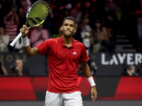 Montrealer Félix Auger-Aliassime of Team World acknowledges the fans after match point in the singles match against Novak Djokovic of Team Europe during Day Three of the Laver Cup at The O2 Arena on Sept. 25, 2022, in London.